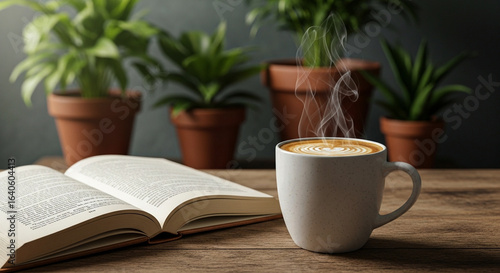 Wallpaper Mural Photo of a steaming cup of coffee sits beside an open book on a wooden table, with potted plants in the background Torontodigital.ca