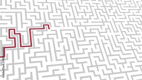 labyrinth concept: a red line traces the path, tracking shot animation