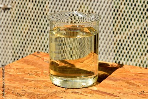 Treated Water in a Glass Beaker. A clear, yellowish liquid, representing treated water, is contained within a glass beaker on a wooden surface

