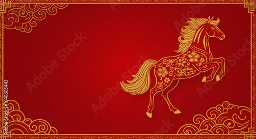 luxury red and gold chinese horse new year background, The horse is adorned with intricate golden patterns. a dynamic pose against a vibrant red background. 2026 new year with copy space for text, 