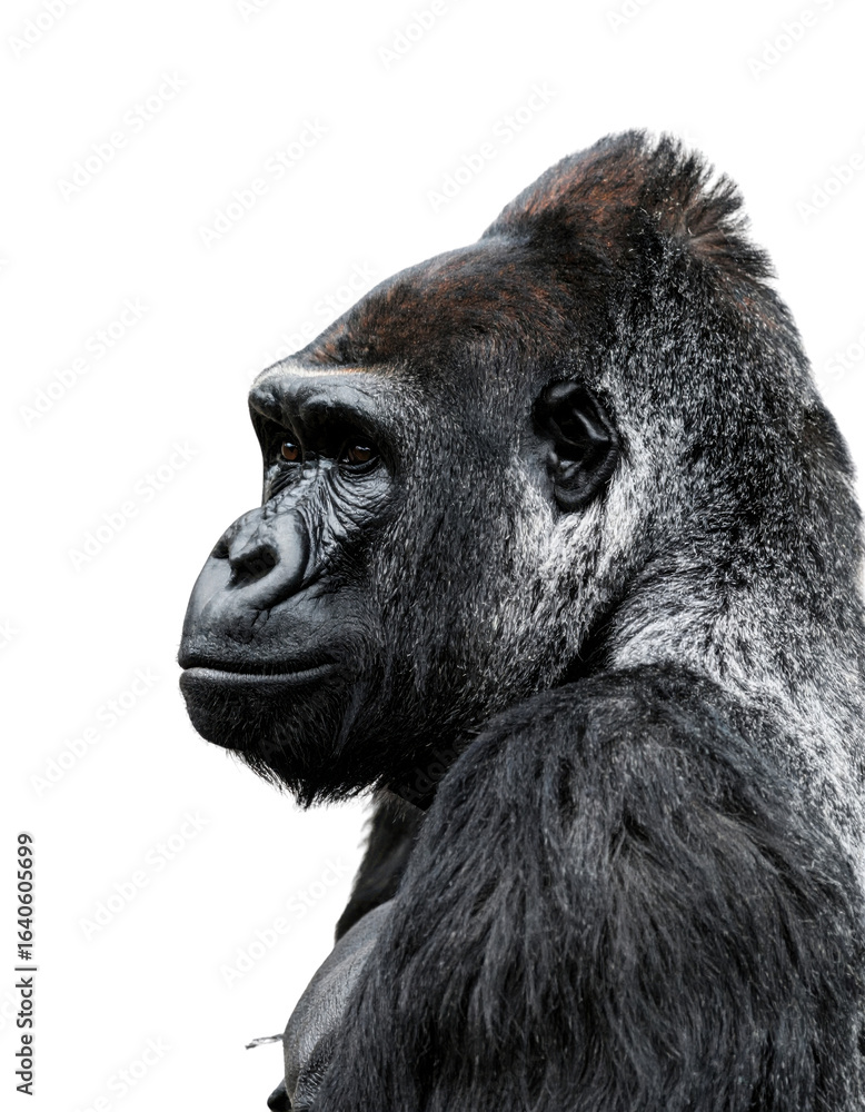 Obraz premium A majestic gorilla in profile, displaying powerful features and a contemplative expression against a black background.