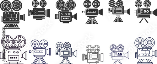 Vintage Film Camera Icons: Retro Movie Equipment Graphics, Black and White Line Art Styles, Nostalgic Filmmaking Illustration Set.
