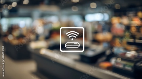 A blurred retail setting featuring a contactless payment symbol, indicating modern payment options.