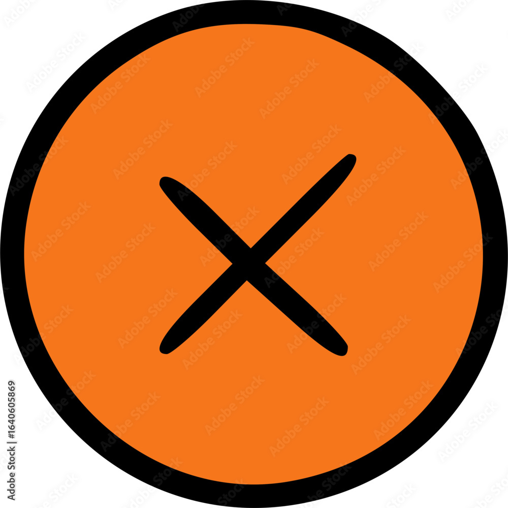 Obraz premium A hand-drawn black X symbol representing 'no' or 'cancel' inside a solid orange circle.