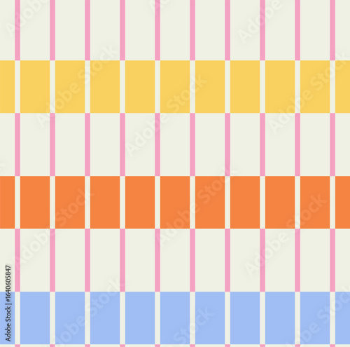 Seamless modern geometric colorful abstract checkered pattern with thin and thick lines on light background; simple vector illustration; yellow, orange, blue colors; flat style
