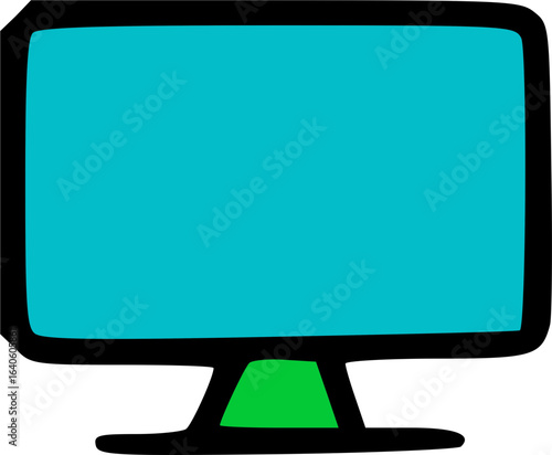 A simple, hand-drawn illustration of a desktop computer monitor with a blank teal screen and a green stand.