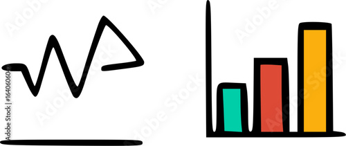 Hand-drawn doodle icons of a fluctuating line graph and a colorful bar chart representing data analysis and statistics.