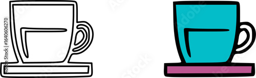 A graphic illustration of two coffee cup icons on saucers, one a black outline and one colored.