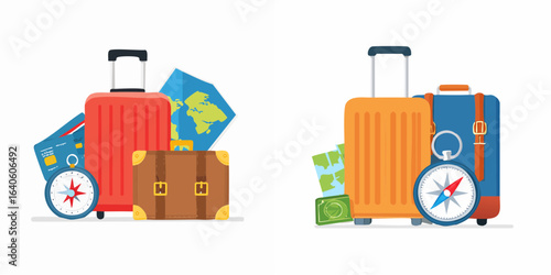 Two sets of colorful luggage with maps, compasses, and passports for travel and vacation.