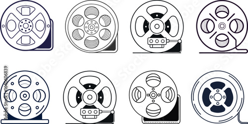 Vintage Reel-to-Reel Tape Icons:  Retro Line Art Graphics Set for Nostalgia Designs.