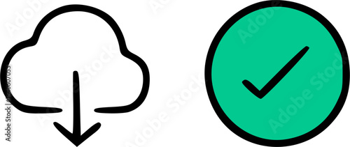 A cloud download icon and a green checkmark symbol indicating a successful process.