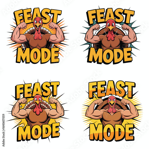 Muscular turkey flexing arms with feast mode text thanksgiving