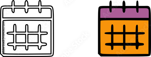 Two stylized calendar icons, one in black and white outline and one colored in orange and purple.