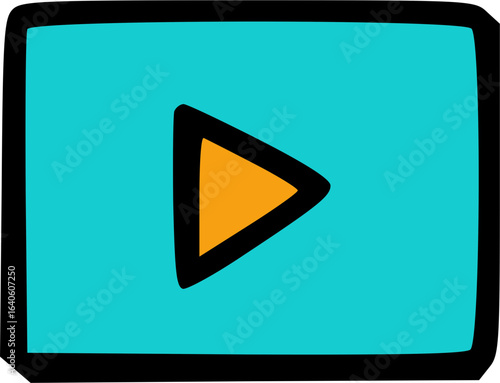 Stylized turquoise video screen with a bold black outline and an orange play triangle.