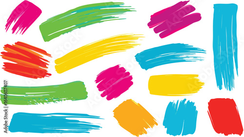 A collection of colorful brush strokes in various shapes and orientations on a white background space