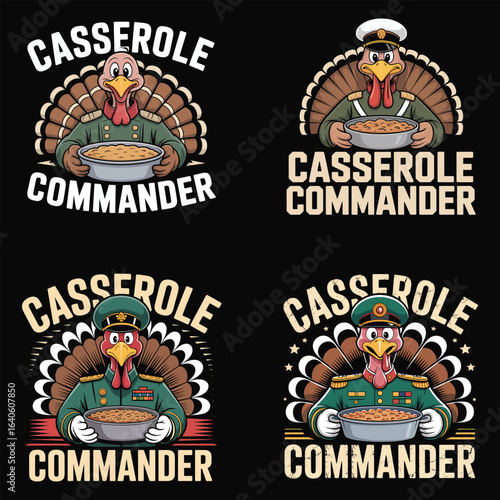 Turkey holding casserole dish in military uniform Thanksgiving