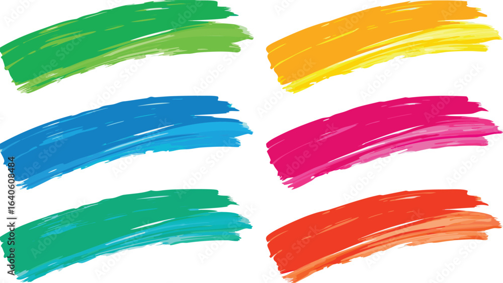 Obraz premium Illustration of six colorful brush strokes in green blue orange pink and yellow on a white background