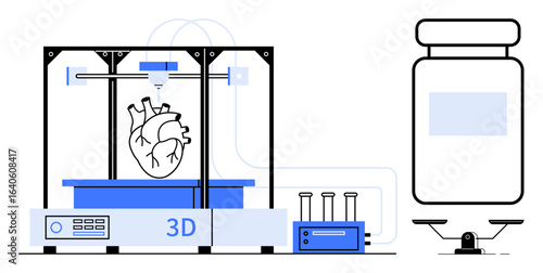 3D printer crafting heart model, flanked by lab equipment, scale, and medical vial. Ideal for innovation, medicine, health tech, biotechnology research future science concepts. Simple flat