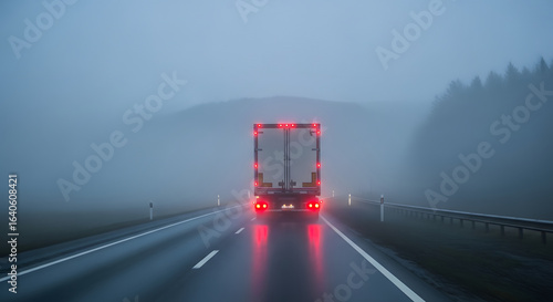 Semi-Truck Moving Through Foggy Roadway with Glowing Red Tail Lights