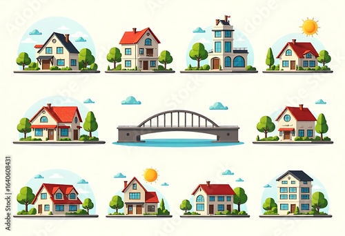 Detailed vector icon set featuring various house styles modern and city icons bridges on a sunny day.