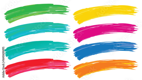 An illustration of eight colorful brush strokes in green, blue, red, yellow, pink and orange hues