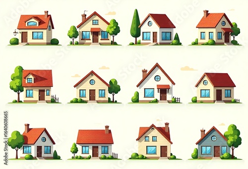 Detailed vector icon set featuring various house styles modern and city icons parks on a sunny day.