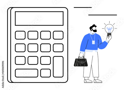 Man with a briefcase holding a light bulb symbolizing ideas, innovation, and finance next to a large calculator. Ideal for business, creativity, accounting, problem-solving, strategy