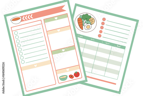 Healthy eating planner and meal tracker with food illustrations and checklists for organized nutrition and diet planning