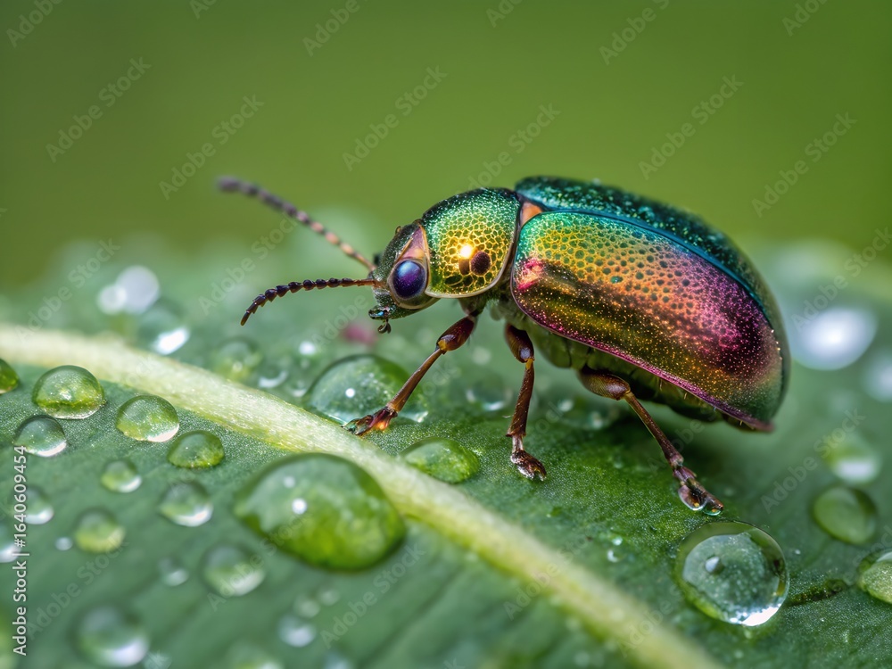 Iridescent beetle with vibrant colors rests on a dew covered leaf Iridescent beetle with vibrant colors rests on a dew covered leaf