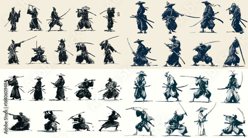 Samurai warrior silhouettes in sword fighting stances, traditional Japanese martial arts ink illustration set with katana poses.