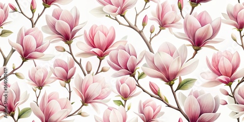 A Delicate Array of Pink Magnolia Blossoms in Full Bloom, Displaying Their Exquisite Petals and Elegant Branches Against a Pure White Background