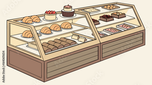 Bakery display case filled with delicious pastries cakes and breads for sale in a patisserie shop store