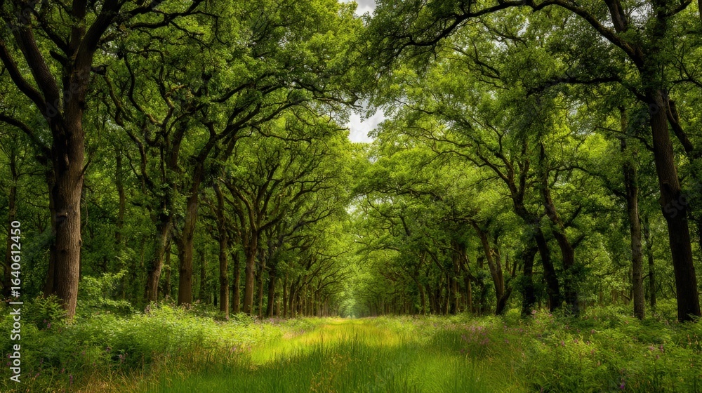 Fototapeta premium Lush Green Forest Canopy with Sunlight Streaming Through, Creating a Serene and Inviting Natural Landscape