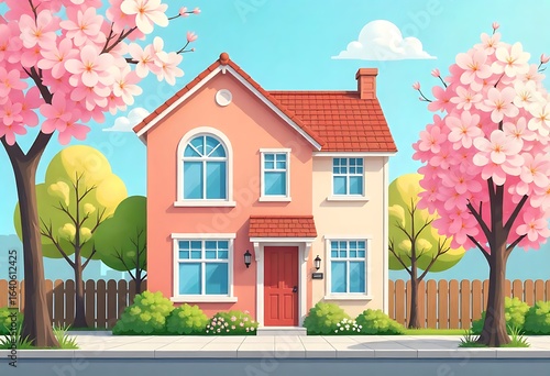 Urban architecture, residential family house in flat style - cute vector illustration, sunny spring day, cherry blossoms in full bloom, light blue sky