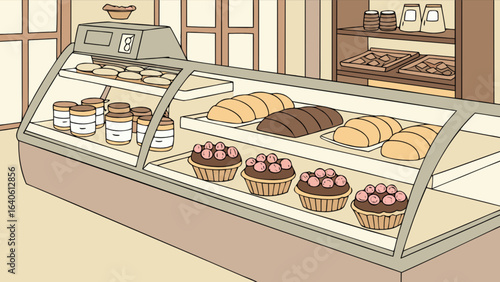 Bakery display case with pastries bread cakes and sweets for sale in a local bakery shop store front