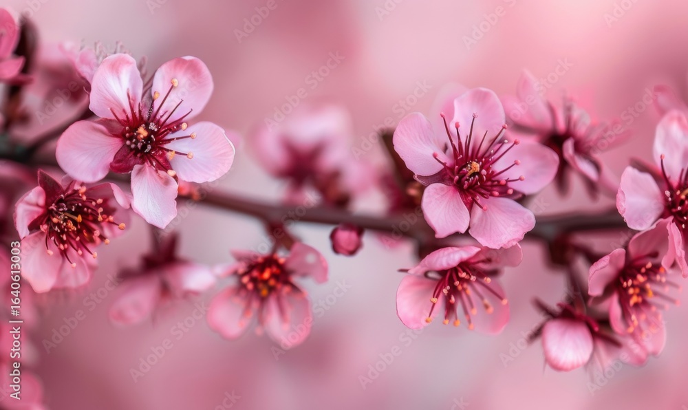 Fototapeta premium Close up of blooming cherry blossoms on branch with soft pink color palette