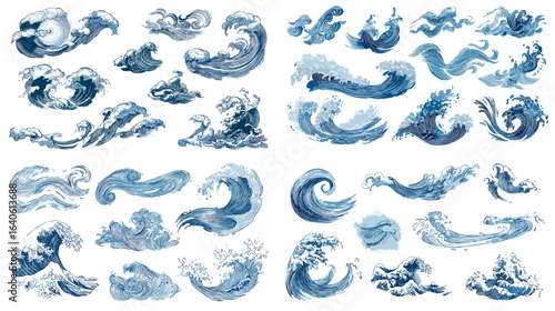 Artistic blue watercolor sea waves collection, hand-painted ocean movement and storm splash patterns inspired by Japanese traditional style.
