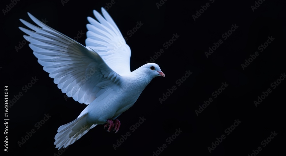 Obraz premium Graceful White Dove in Flight Against a Dark Background, Symbolizing Peace, Hope, and Spiritual Freedom