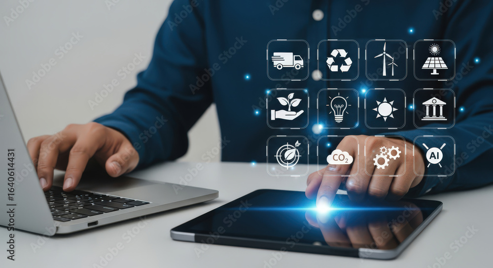 Naklejka premium Sustainable Technology Integration A Vision of Eco Friendly Solutions and Digital Transformation for a Greener Future with Renewable Energy and Environmental Responsibility