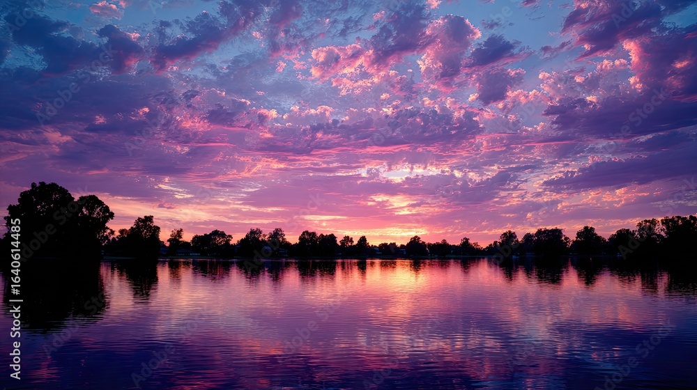Fototapeta premium Sunset over still lake, vibrant clouds