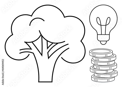 Tree, glowing light bulb, and stacked coins emphasizing sustainability, growth, innovation, and eco-friendly finance. Ideal for ecology, green business, investment renewable energy economy