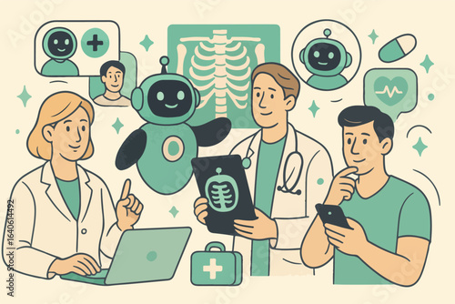 Artificial intelligence in medicine set. Doctor characters use ai tools for patient support, diagnosis, medical analysis. Healthcare technology concept. Vector illustration