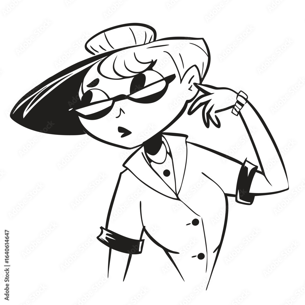 Obraz premium one fashionable women in a 1950s-inspired black-and-white cartoon style, bold lines, confident poses, one in a skirt suit, the other in a short skirt and sweater, mid-century modern illustration style