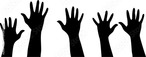 Row of hands reaching up in the air silhouette isolated on transparent background
