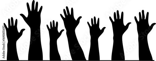 Row of hands reaching up in the air silhouette isolated on transparent background