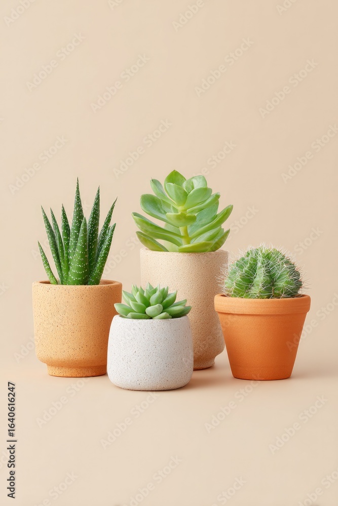 Obraz premium Stylish arrangement of various succulents in colorful pots again