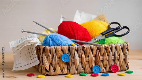 A close-up of colorful skeins of knitting yarn placed on a textured wooden background. The photo shows skeins of yarn in various colors, such as blue, pink, yellow, green, and beige. The yarns are nea