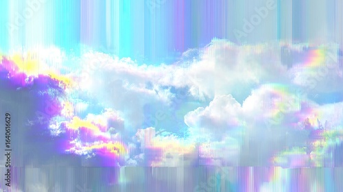Fototapeta Naklejka Na Ścianę i Meble -  Pastel-toned, glitch art sky with clouds.  Vertical digital distortion lines overlay a vibrant, soft palette of pastel colors, showcasing a cloud formation