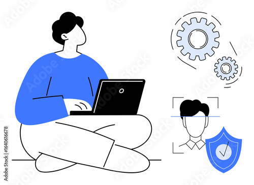 Individual using a laptop, gears representing process, face recognition icon, and a security shield. Ideal for tech, data, innovation, identity protection, automation cybersecurity online safety