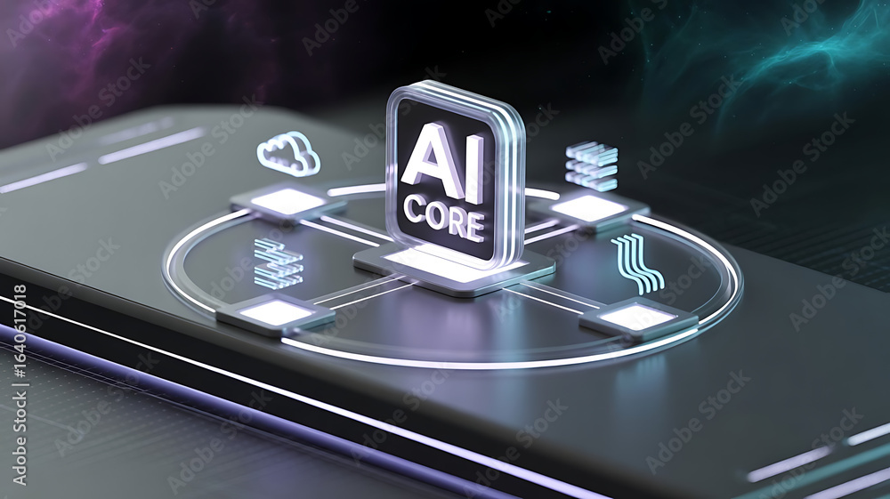 Fototapeta premium AI Core Conceptual Technology Illustration Showcasing Foundational Artificial Intelligence Principles, Neural Network Architecture, Data Processing Pipelines, Machine Learning Algorithms